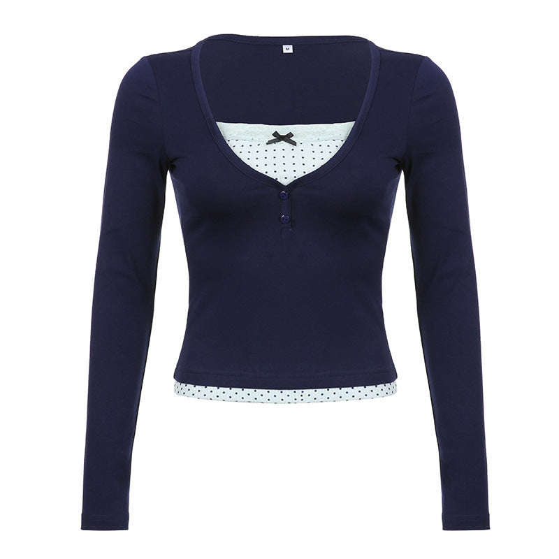 New Commuter Bottom Top Women's V-neck Panel Contrast Bow T-shirt