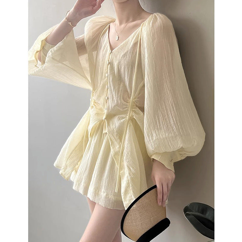 Korean-style V-neck Lace-up Shirt And Wide-leg Shorts Two-piece Set For Women