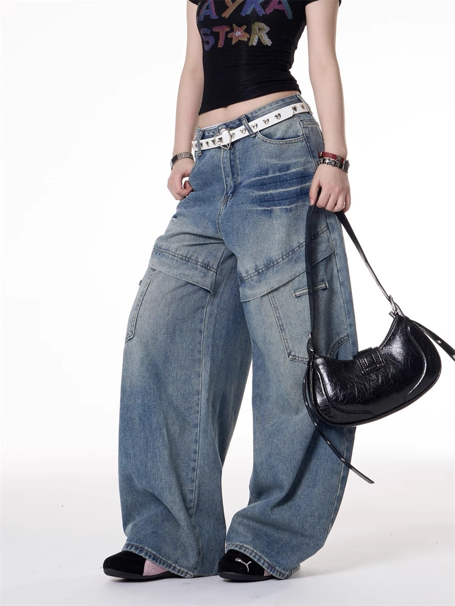 Girl Style Multi-pocket Deconstructive Design Jeans