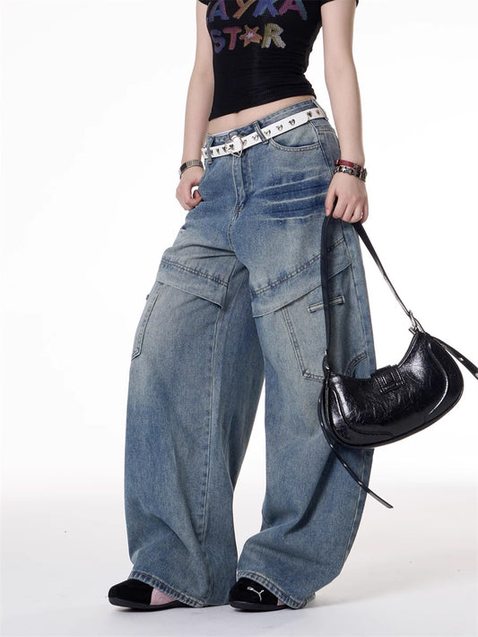 Girl Style Multi-pocket Deconstructive Design Jeans