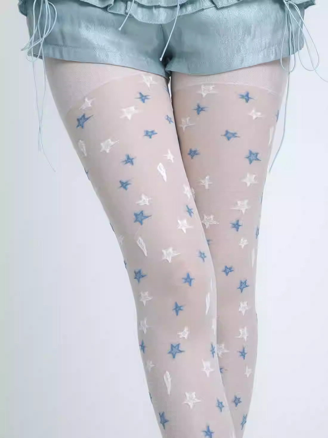 Thin White And Blue Five-pointed Star Romper Stockings For Women