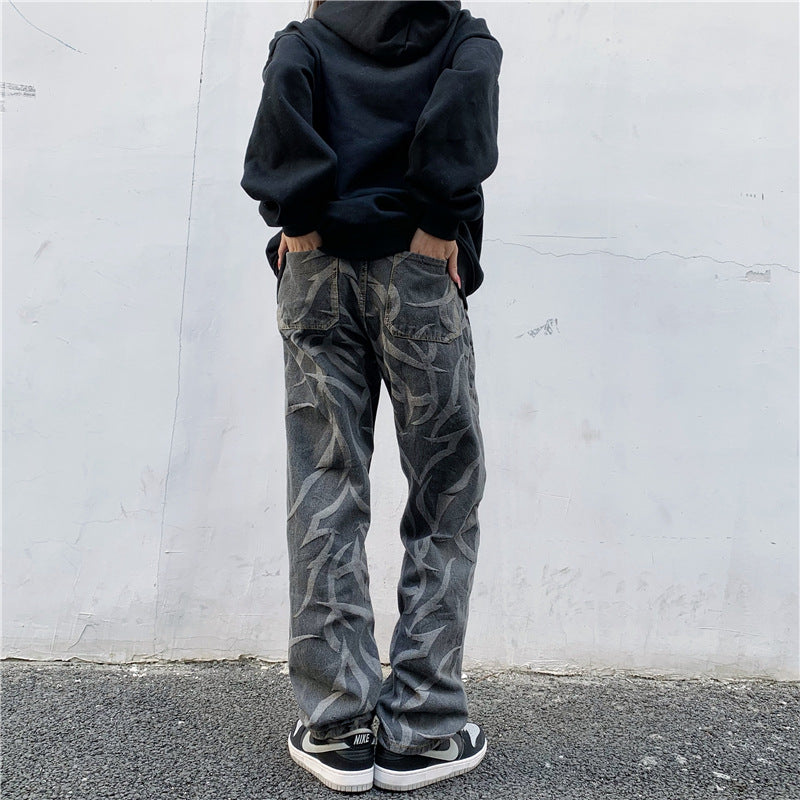 Højtaljede Straight Hip Hop Bukser Løse Og Tynde Wide Leg Jeans Med Print