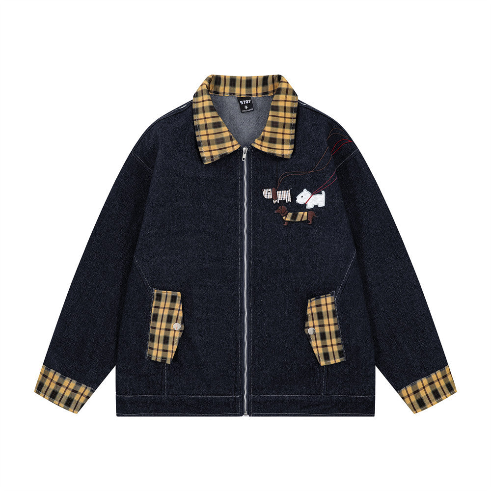Funny Puppy Paste Cloth Embroidery Denim Contrast Color Patchwork Plaid Lapel Baggy Coat Men