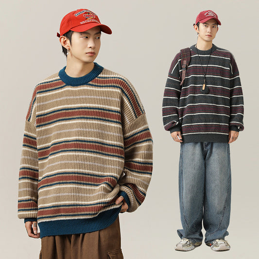 Vintage Contrast Color Striped Round Neck Sweater Autumn And Winter Loose Idle Style