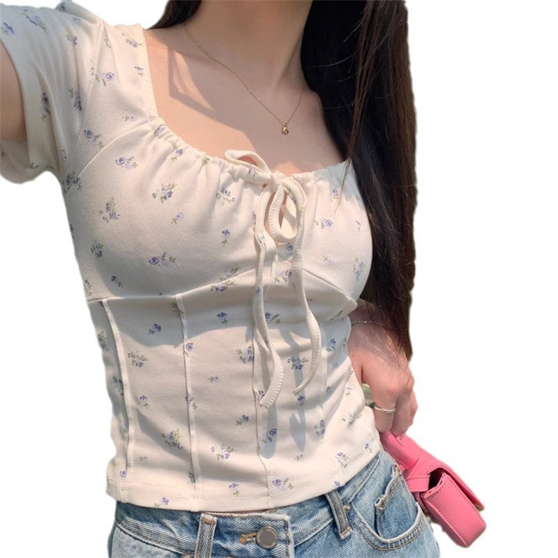 Gentle Design Sense Niche Pure Desire Lace-up Square Collar Short Sleeve T-shirt Female Summer New Floral Short Bottoming Top