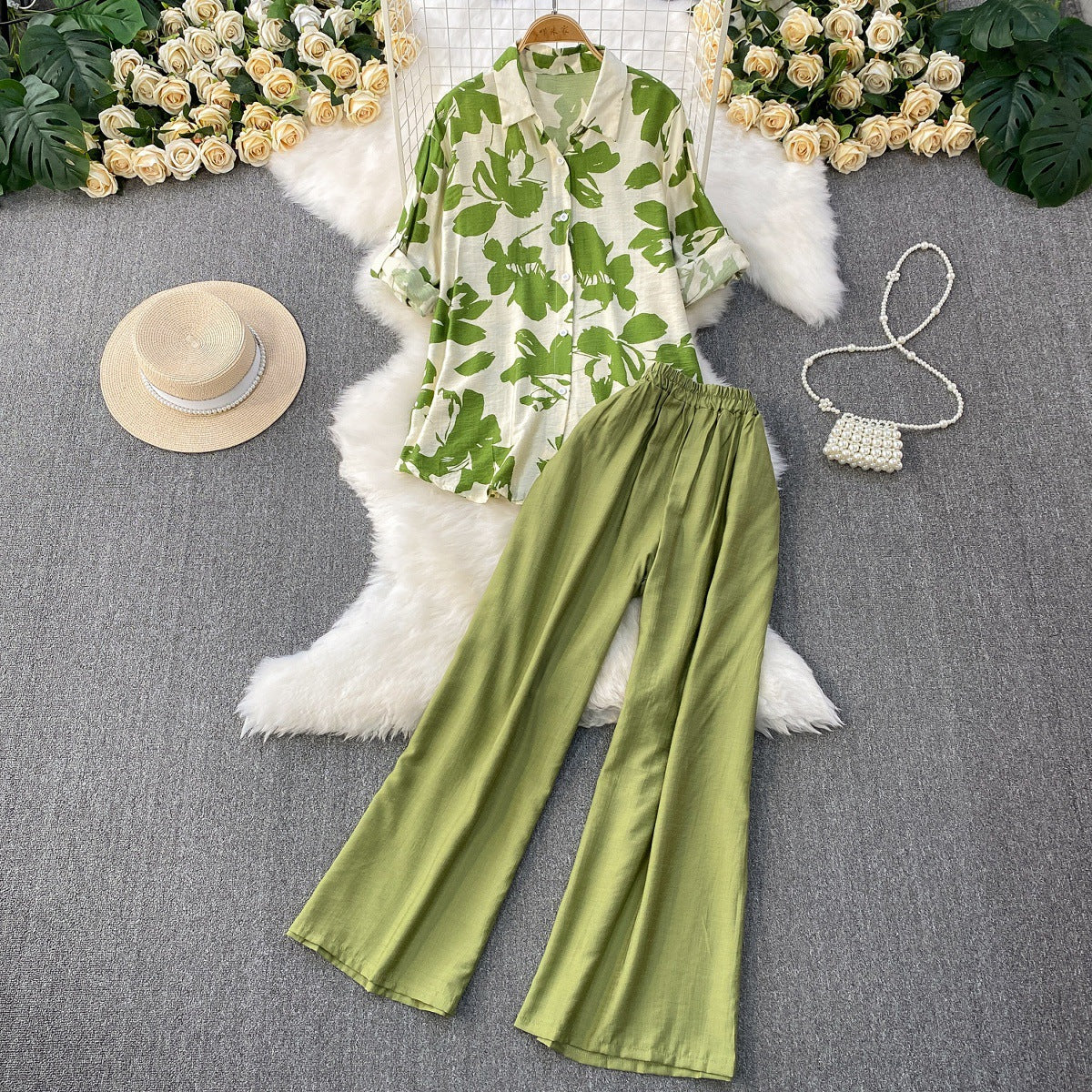 Raglan-sleeve Sun-protective Shirt High-waiste Slimming Wide-leg Pants