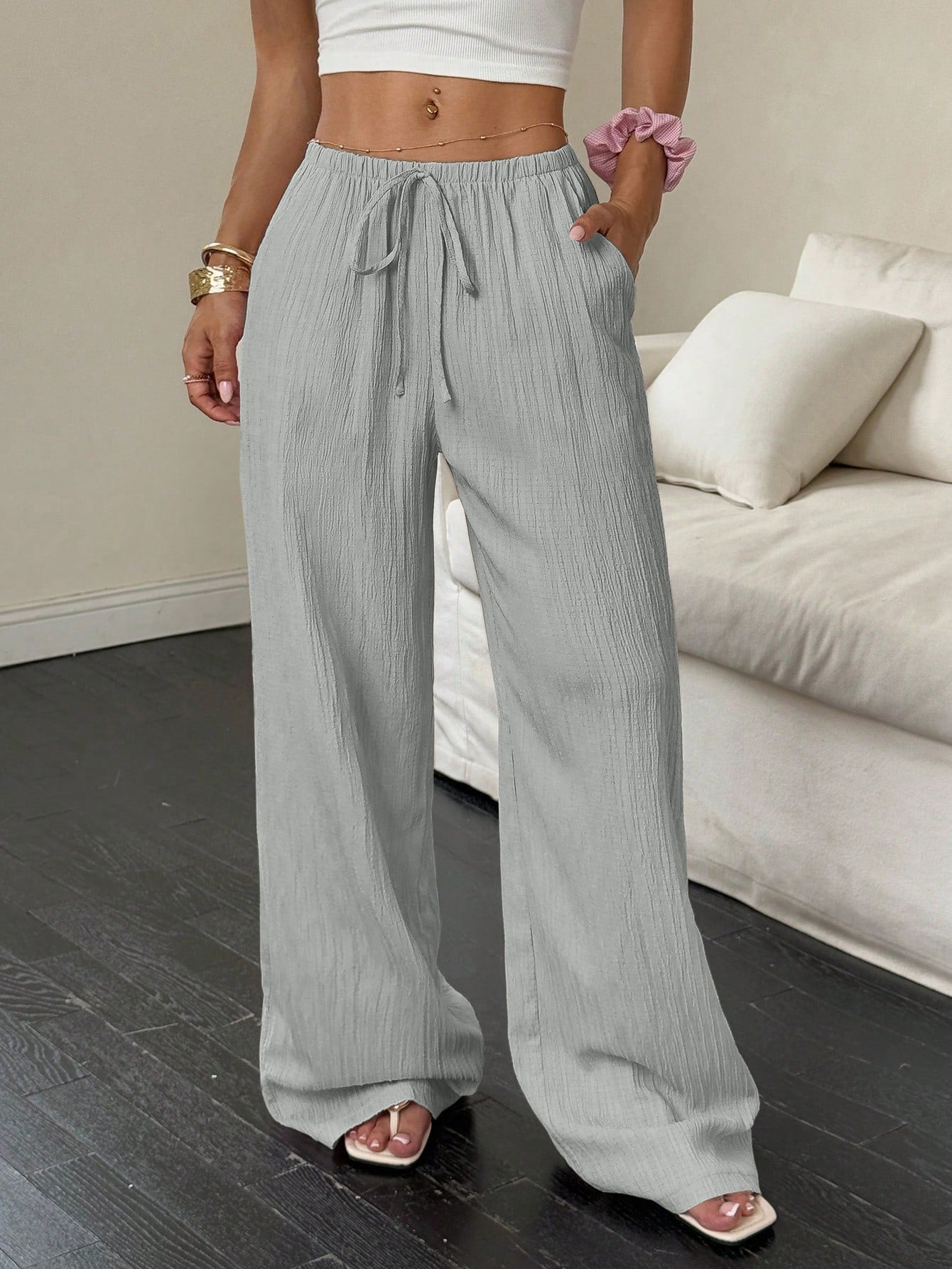 Flirla Women's Casual Versatile Solid Color Wide Leg Pants