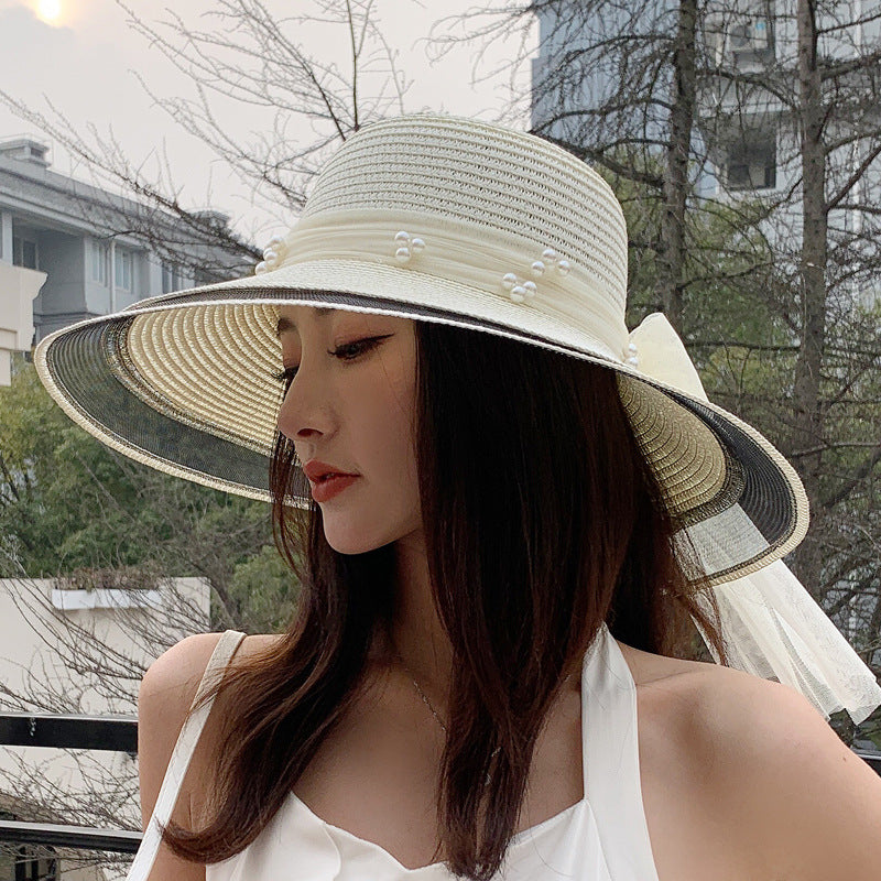 Women's Summer New Mesh Pearl Sunscreen Casual Straw Hat