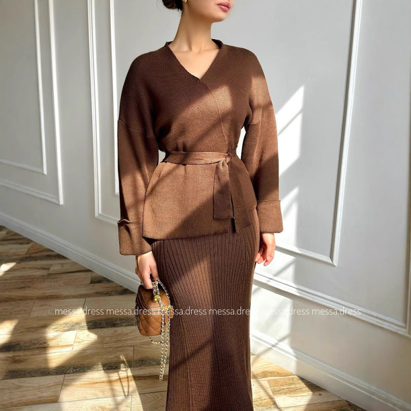 V-neck Tie-front Wide-sleeve High-waisted Skirt Set With An Elegant Vibe