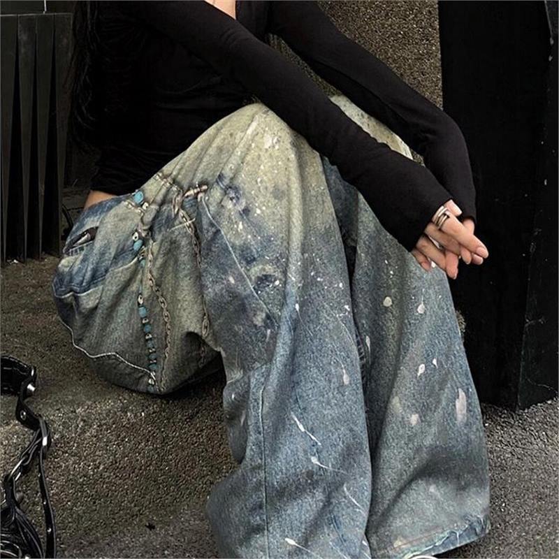 Splashed Ink-stained Jeans Female Chain Pendant Print Floor-dragging Pants