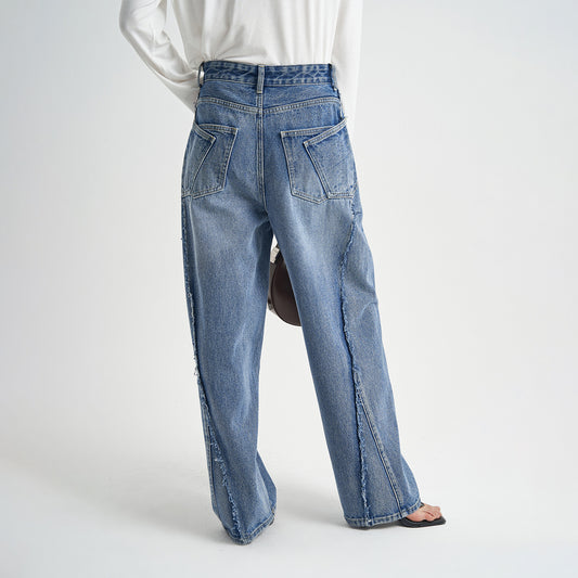 Blue Washed Loose Jeans High-end Women's Trousers High-grade