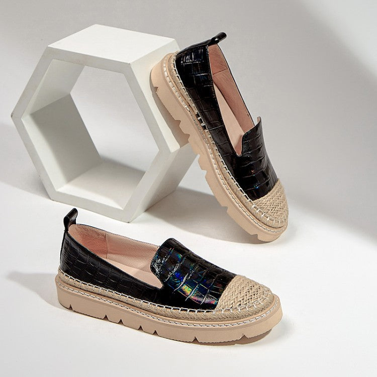 Lacquered Leather Straw Round-toe Shoes