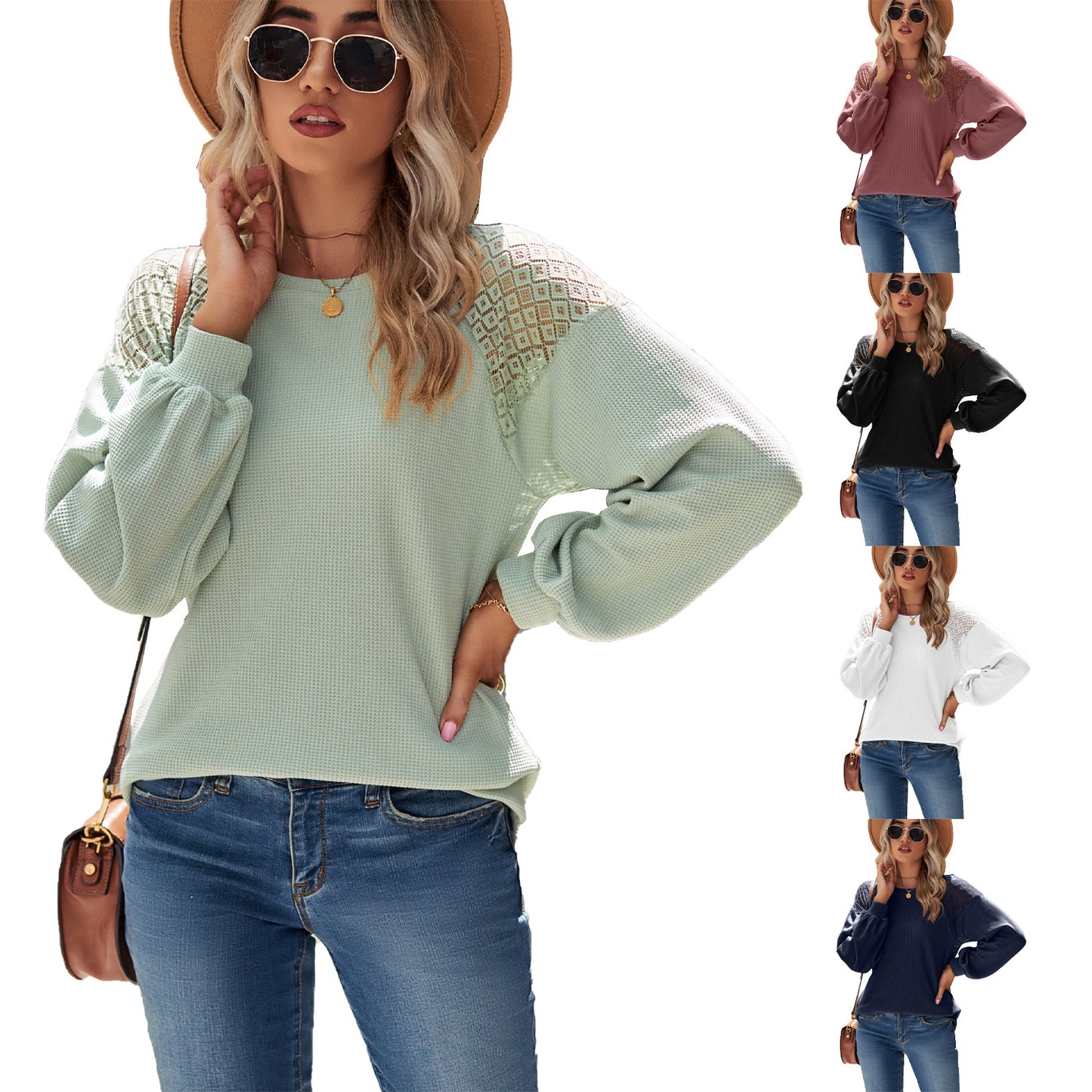 Women's New Long-sleeved Lace Stitching Round Neck Loose T-shirt