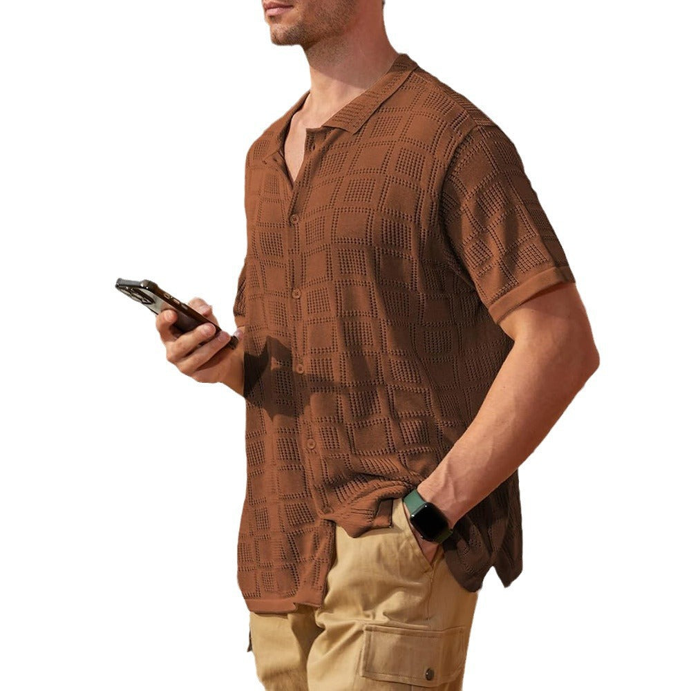 Men's Lapel Hollow-out Short-sleeve Shirt
