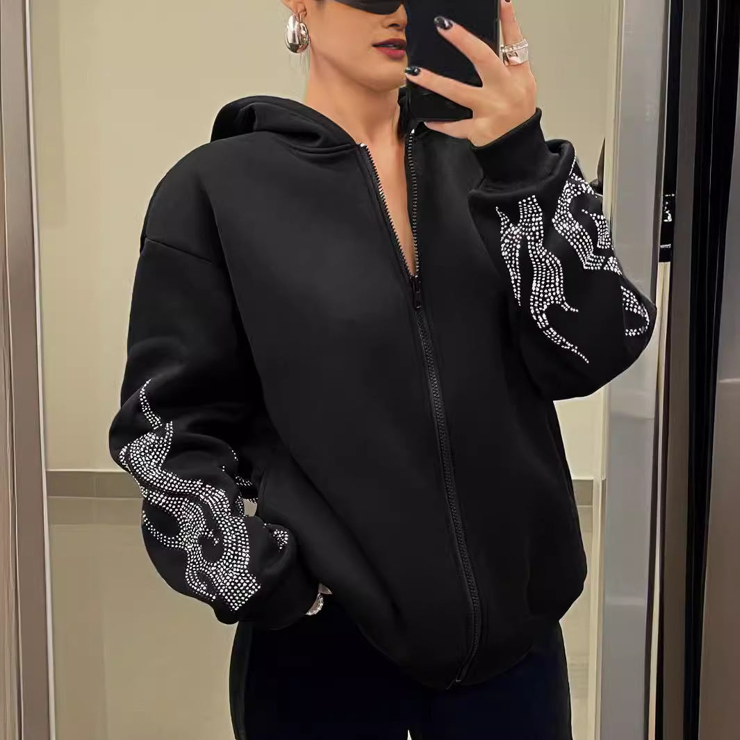 Street Trend Flame Rhinestone Løs Hættetrøje Med Lynlås