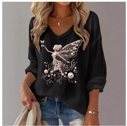 Womens Printed Loose V-Neck Top