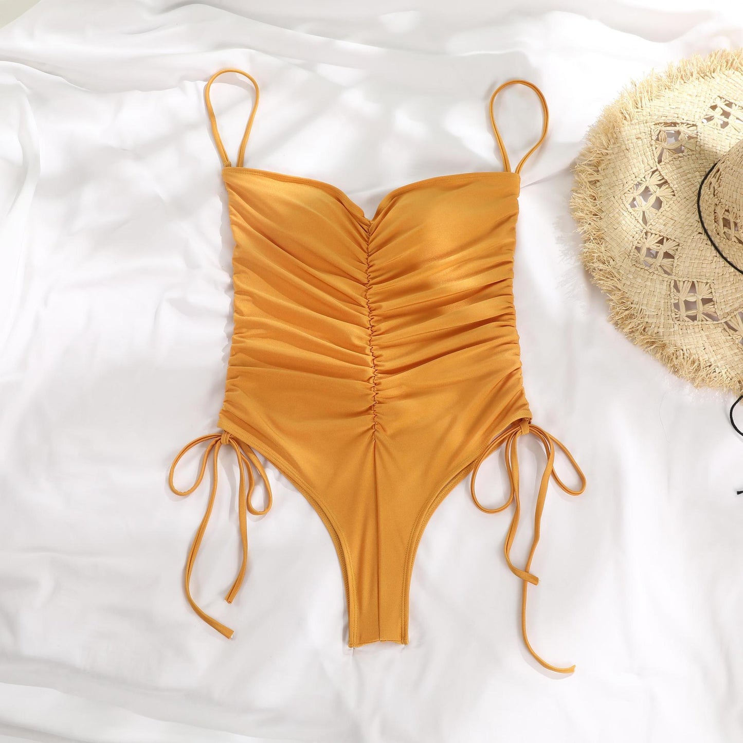 Women's Solid Color Pleated Drawstring One-piece Swimsuit