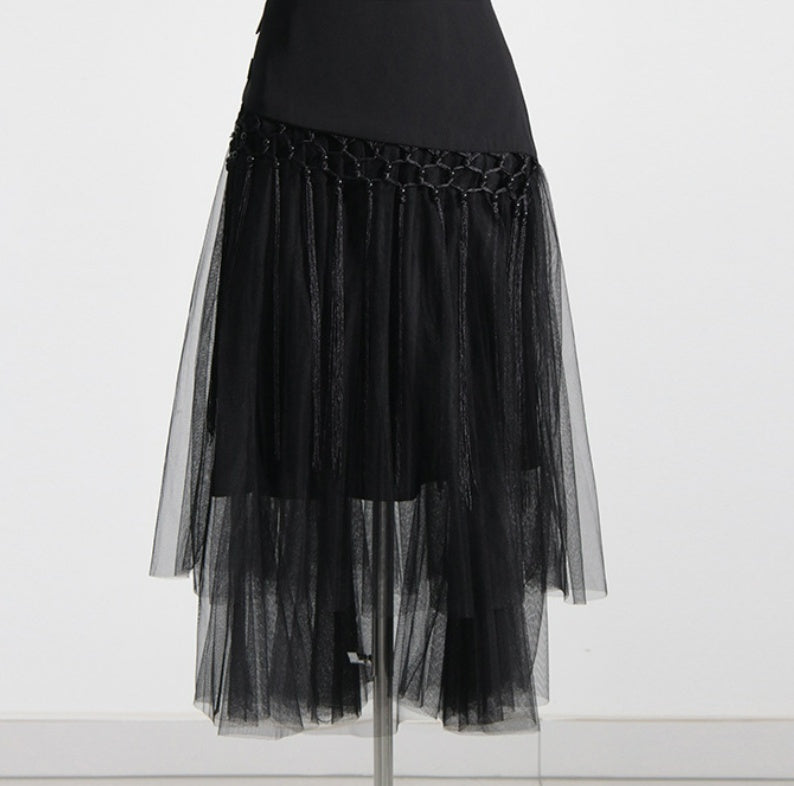 Retro Machine Embroidery Mid-high Waist Buckle Mesh Stitching Skirt
