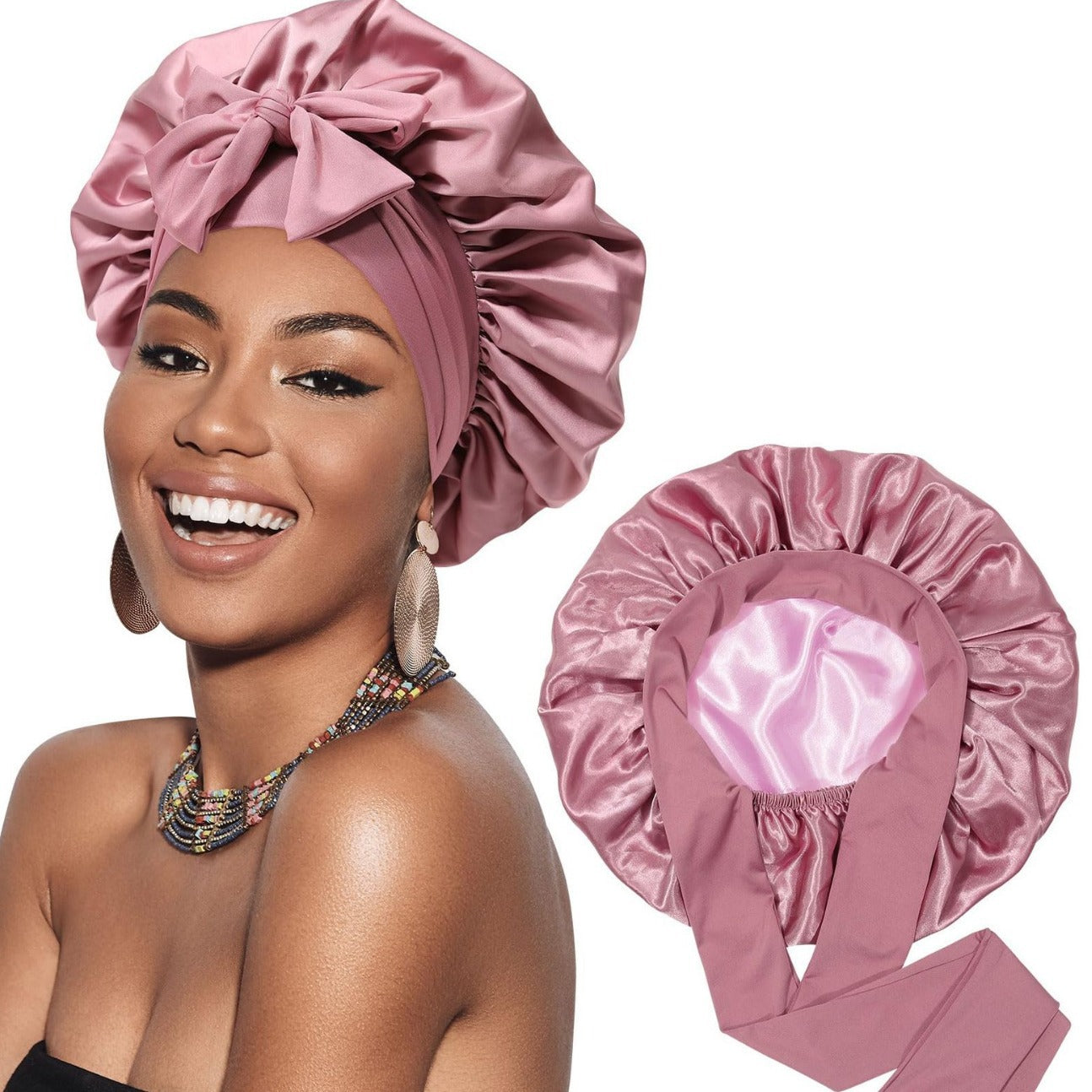 Double-layer Satin Ribbon Round Cap Bow Artificial Silk Beauty Hair Care Wide-brimmed Hat