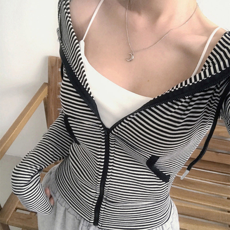 Striped Hoodie Coat Pocket Stitching Zipper Cardigan