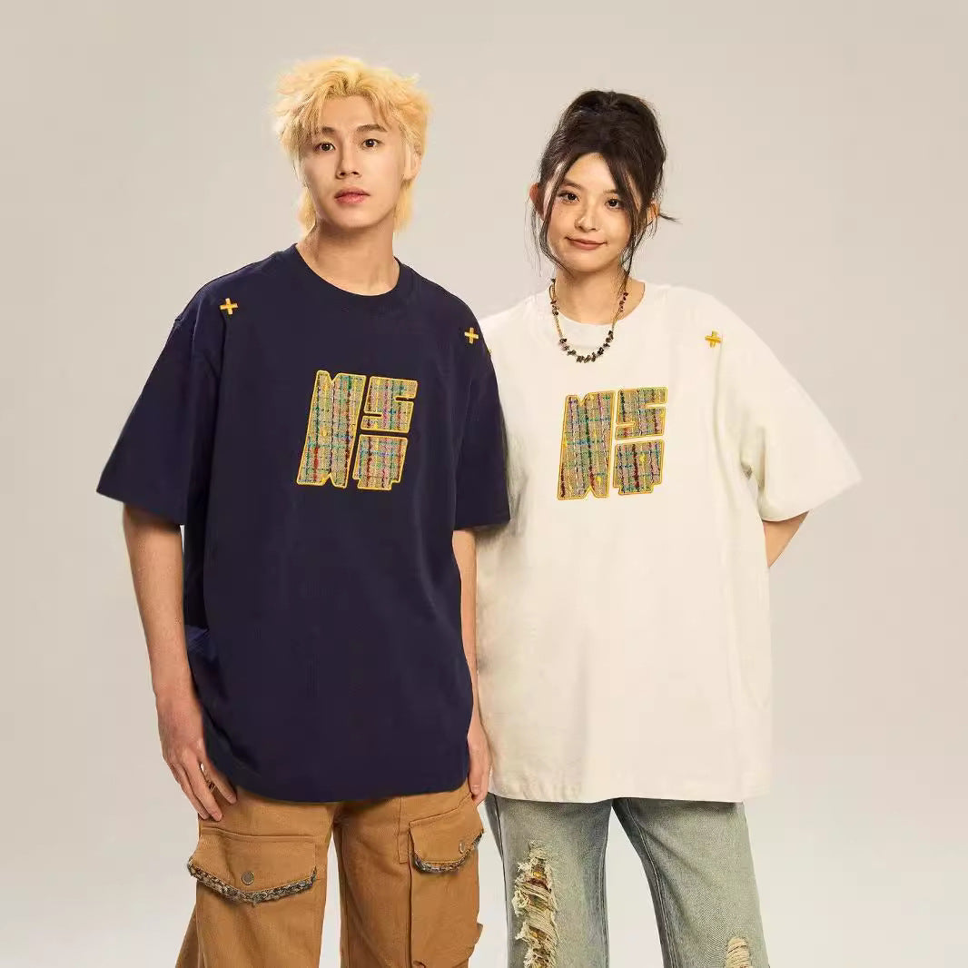 Retro Design Woven Embroidery Loose Short Sleeved T-shirt