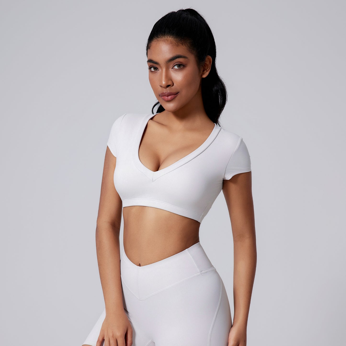 Brushed Tight Short T Deep V Shaping Back Hollow Sexy
