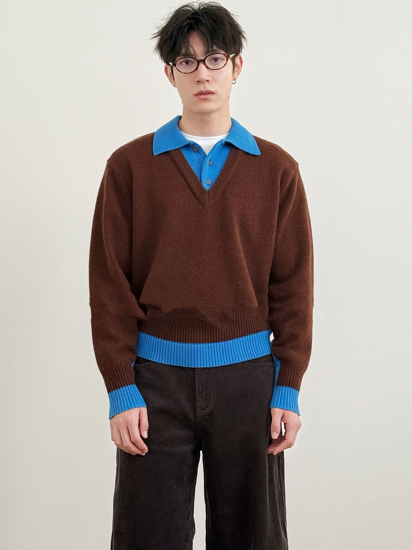 Two-piece-style Sweater With A Contrasting-color Lapel Neckline