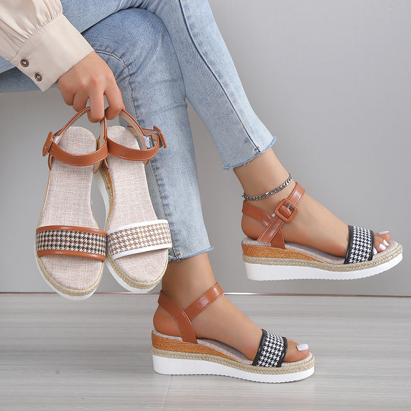 Houndstooth-mønstrede sandaler til kvinder med spænde, sommer, festsko