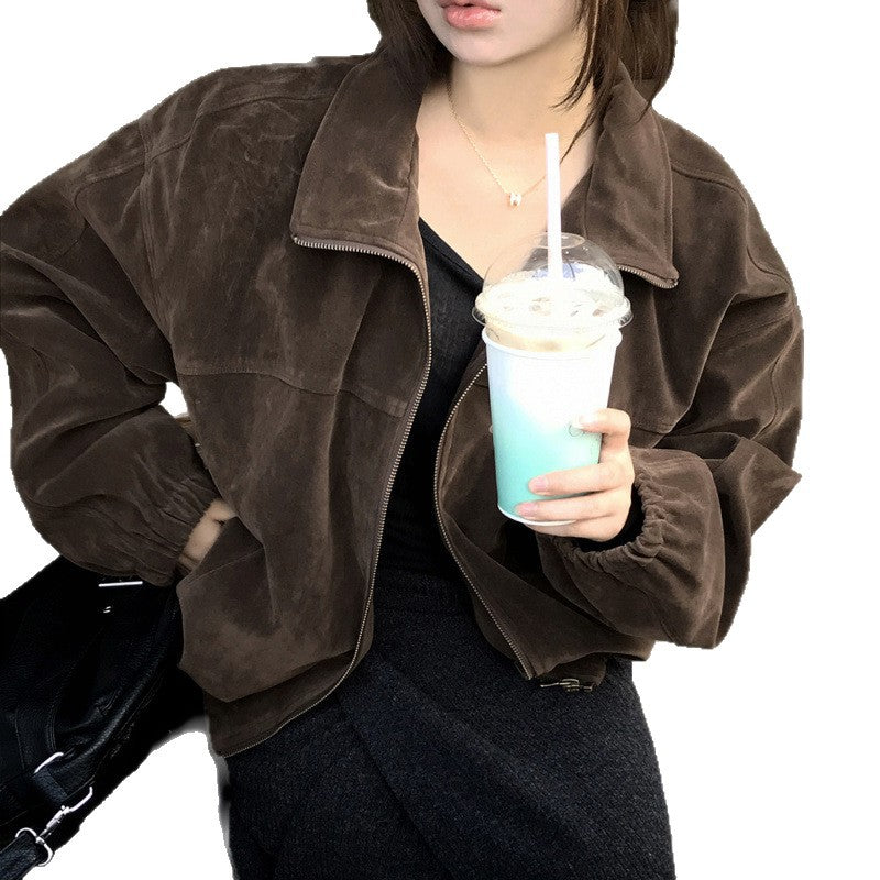 Retro Loose Slimming Versatile Zip Lapel Suede Casual Short Jacket Women