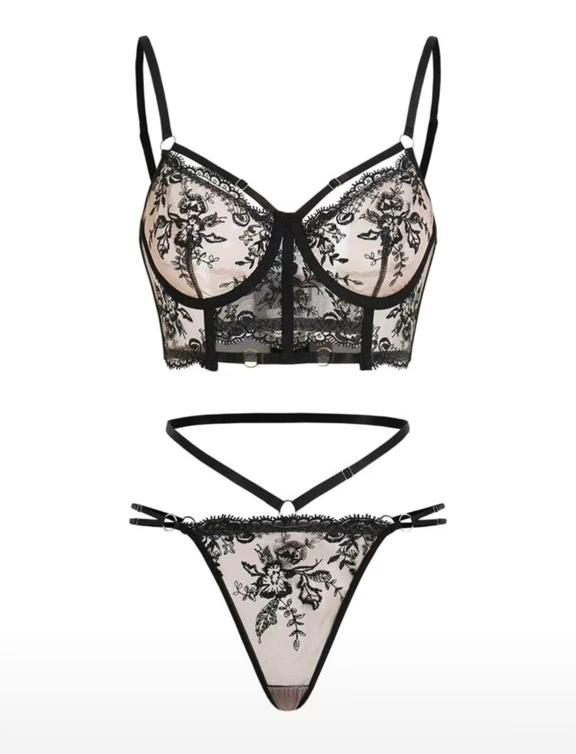 Stylish French-Style Embroidered Crop Top And Underwire Bra Set For Women