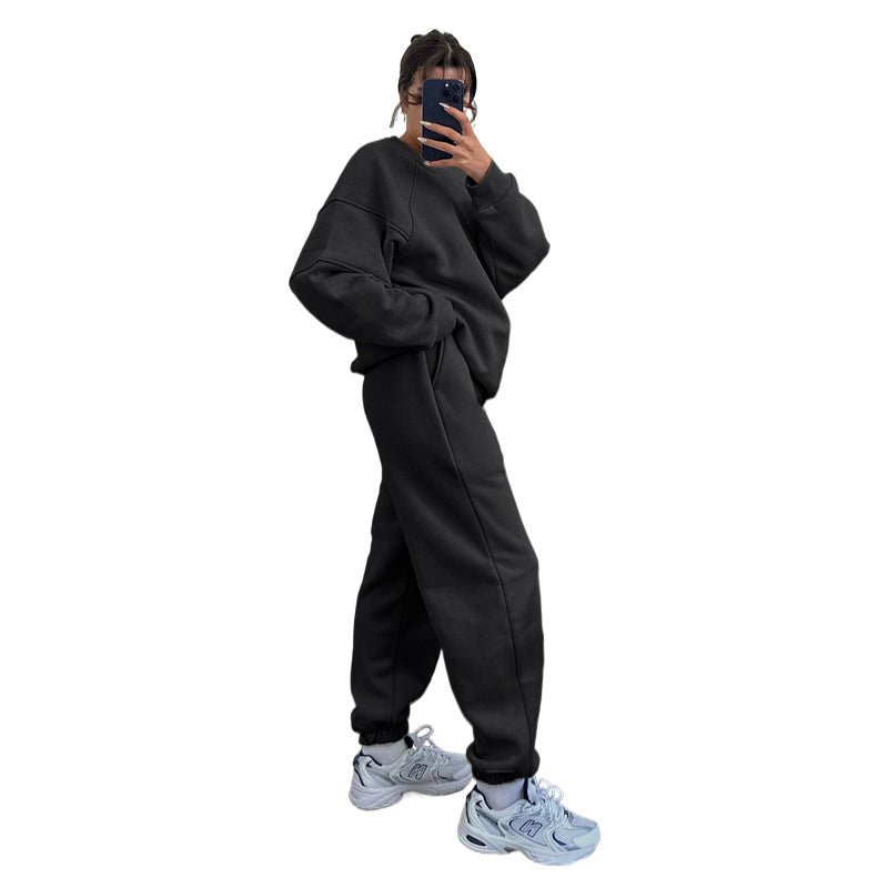 Solid Color Round Neck Long Sleeve Sweatshirt Women's Fashion Casual Loose Pants Suit