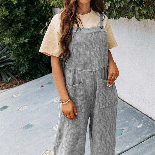 Summer Women's Casual Solid Color Pocket Square Collar Loose Overalls