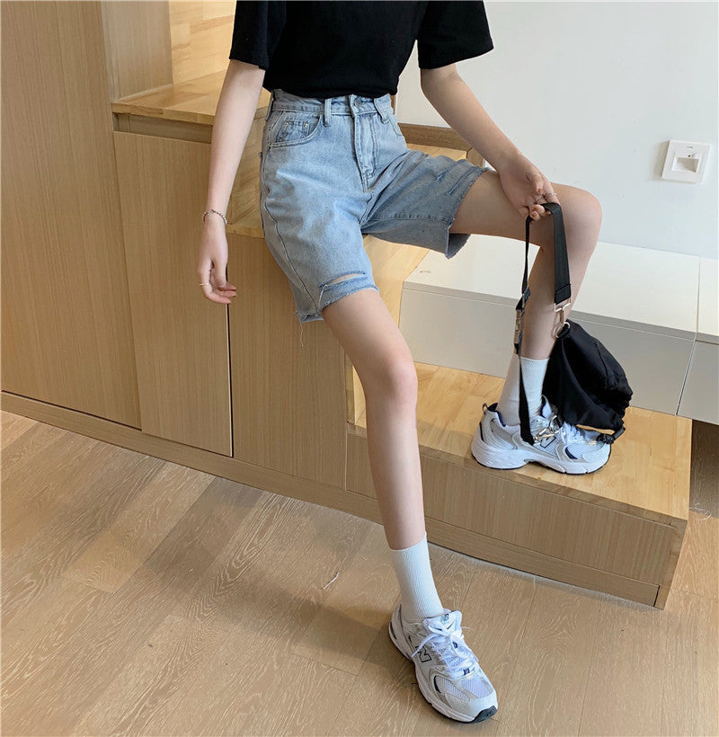 High-waisted slim-hole ruffled five point jeans