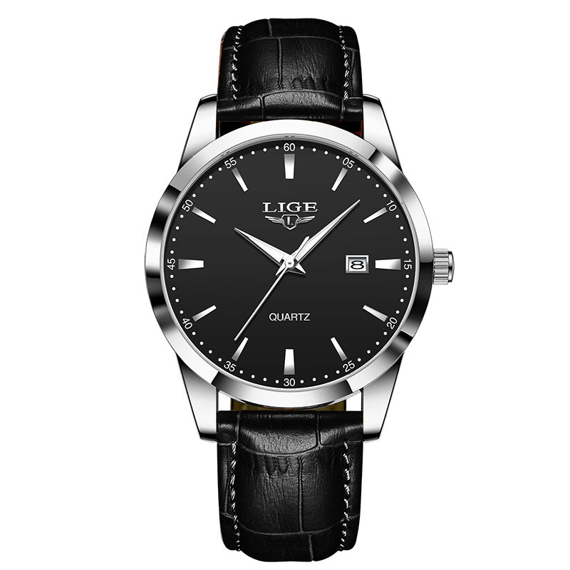 New Men's Quartz Watch Single Calendar Three Needle Leather Belt Waterproof