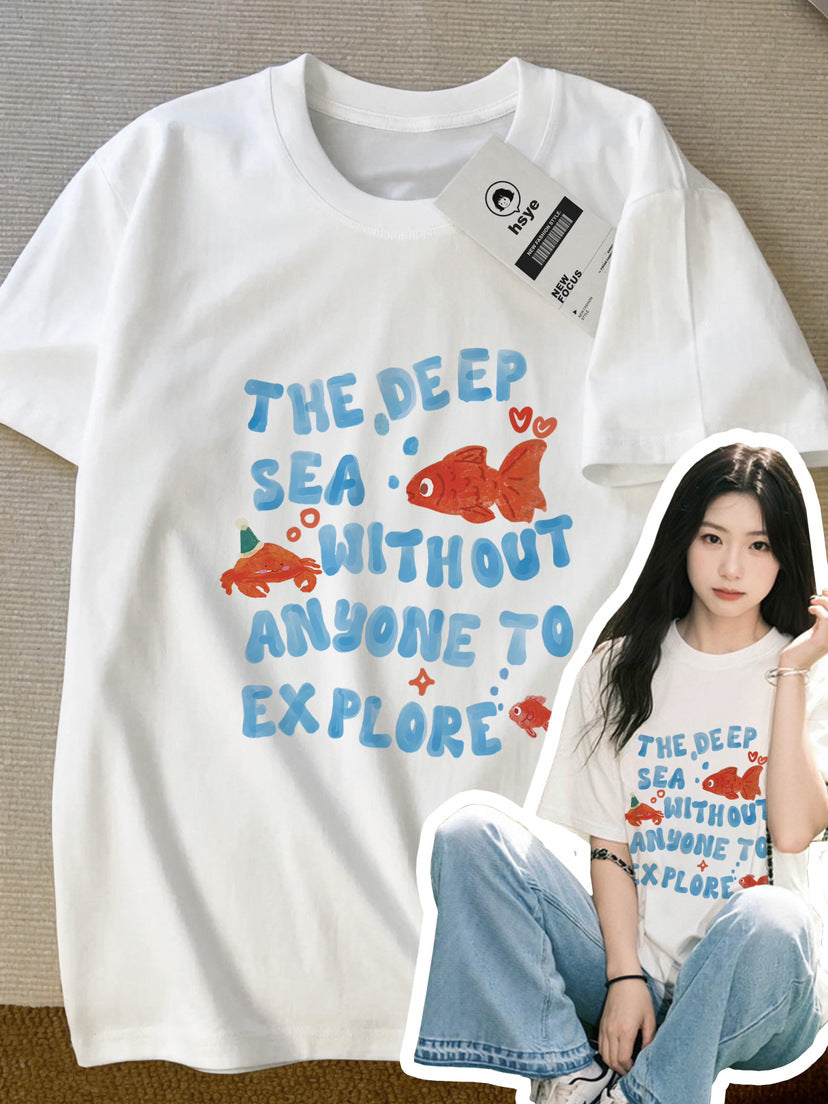 Cute Goldfish Printed Short Sleeve White Cotton T-shirt