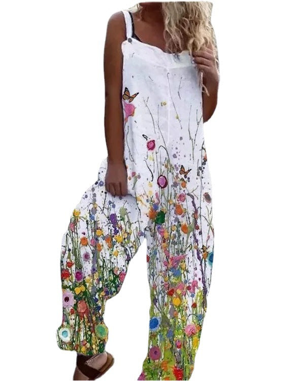 Printed Suspenders Casual Jumpsuit Beach Pants