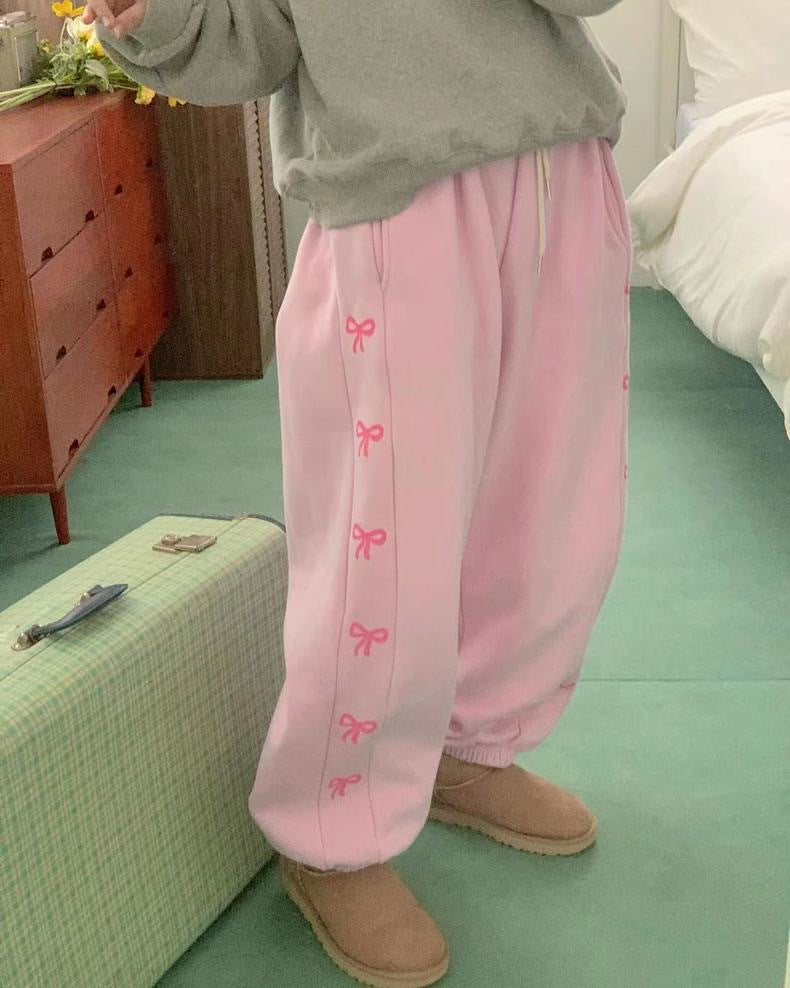Bow Print Elastic Waist Track Pants