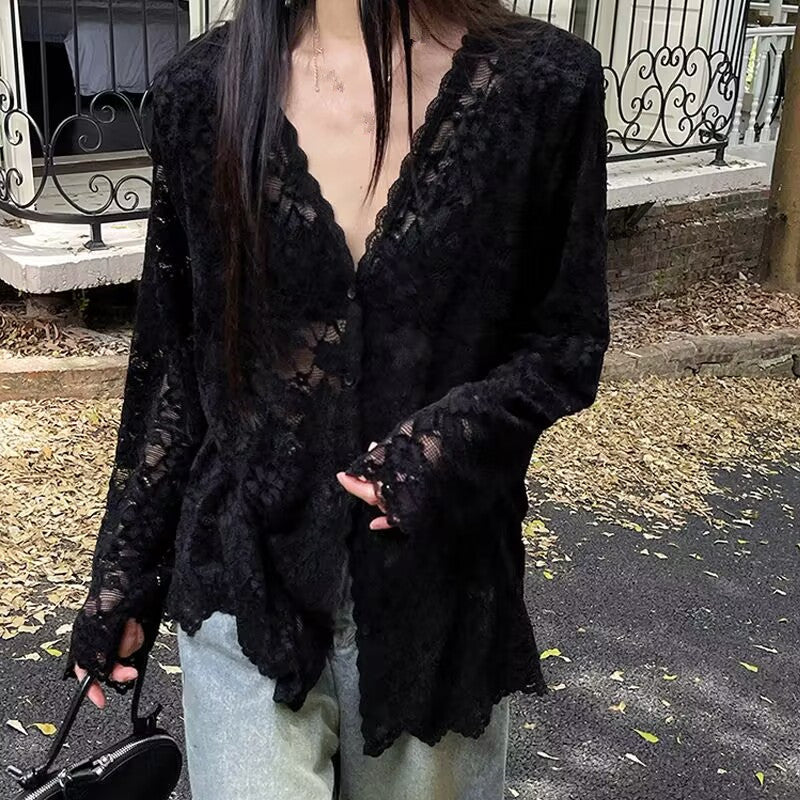 Womens V-neck Hollow-Out Crochet Long-Sleeve Lace Shirt