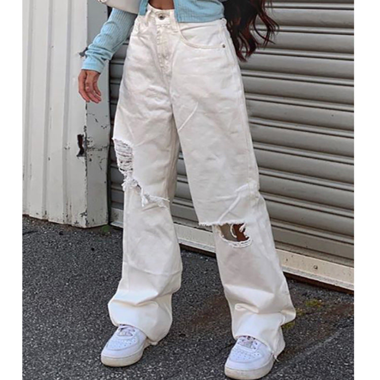 Women's trousers with holes showing thin
