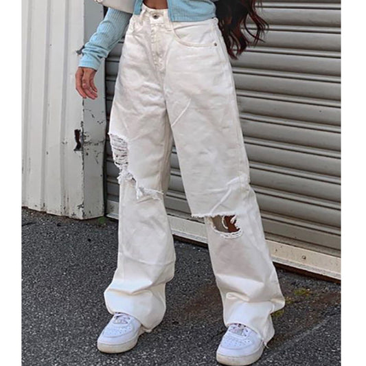 Women's trousers with holes showing thin