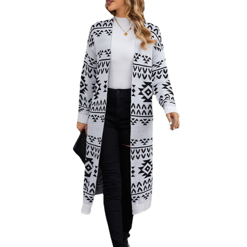 Jacquardstrikket Sweaterjakke Afslappet Strikket Lang Cardigan