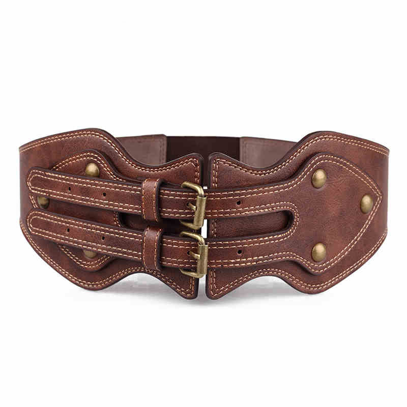 Women's Double Pin Buckle Head Elastic Wide Belt