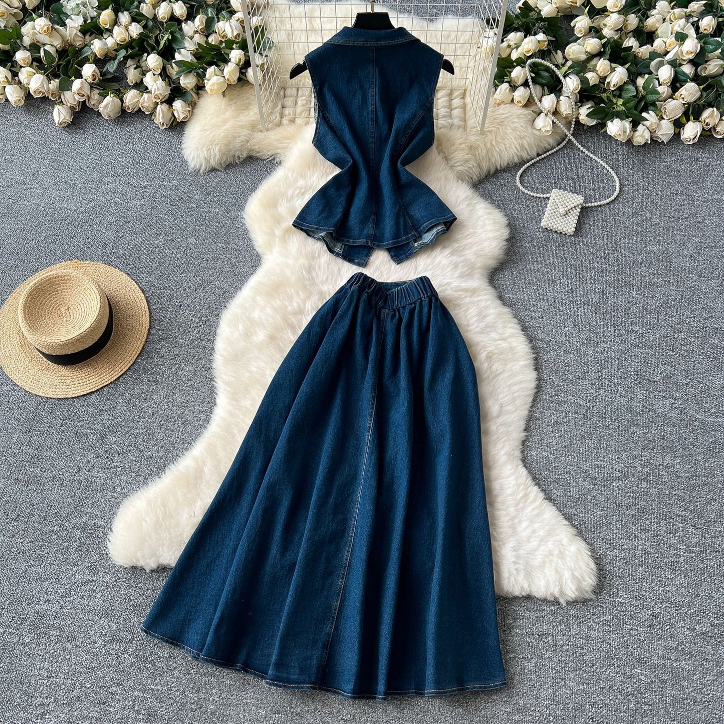 Womens Mature-style Pleated Waist-cinching Blazer With A Lapel Collar And High-waisted Midi Skirt