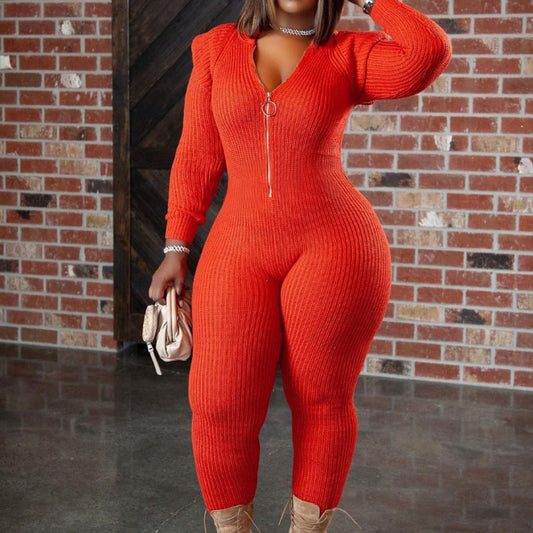 Women's Fall Winter Fashion Knitted Wool Padded Shoulder Hooded Jumpsuit