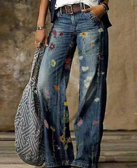 Plus Size Women's Artistic Floral Pattern Pants