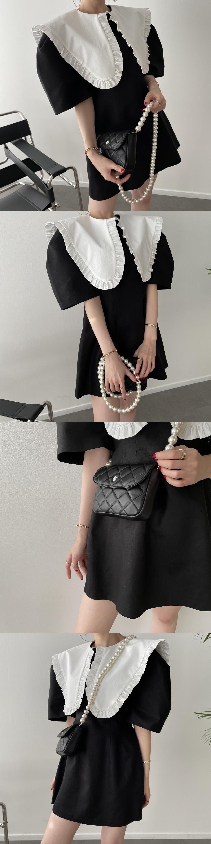 Contrast Color Stitching High Waist Puff Sleeve Dress With Fungus Edge