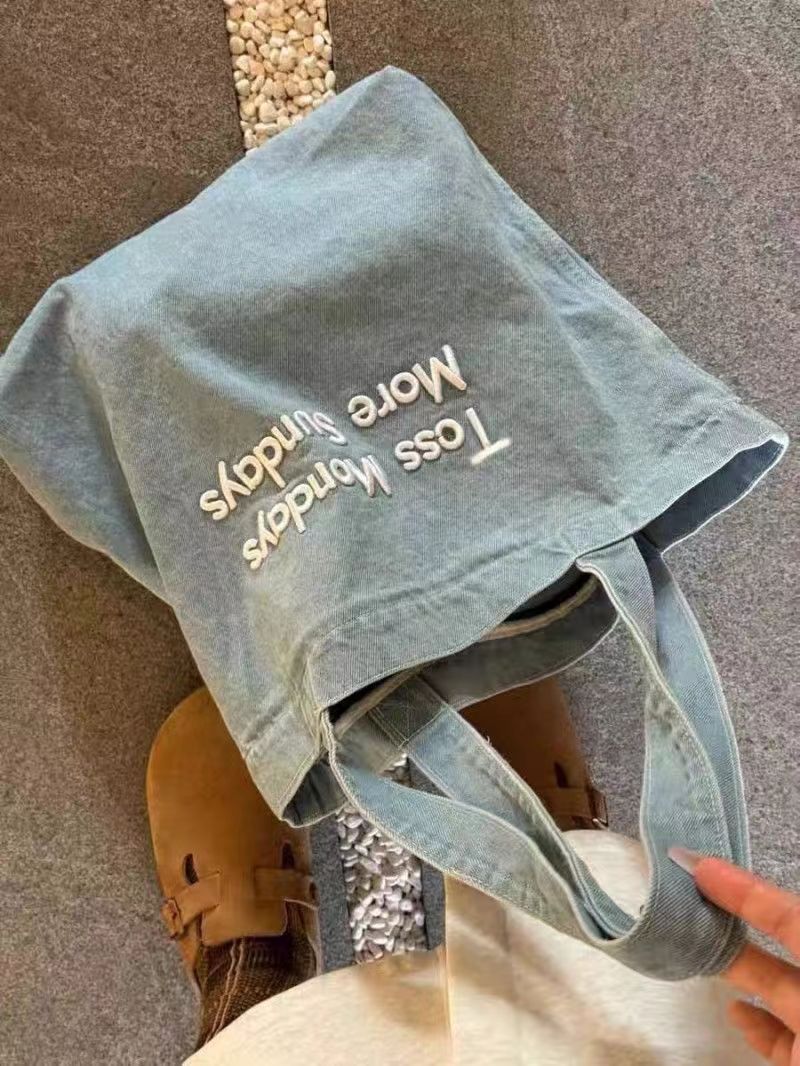 Embroidered Jean Bag Fashion All-match Class Commuter Bag Retro American Shoulder Hand-held Tote