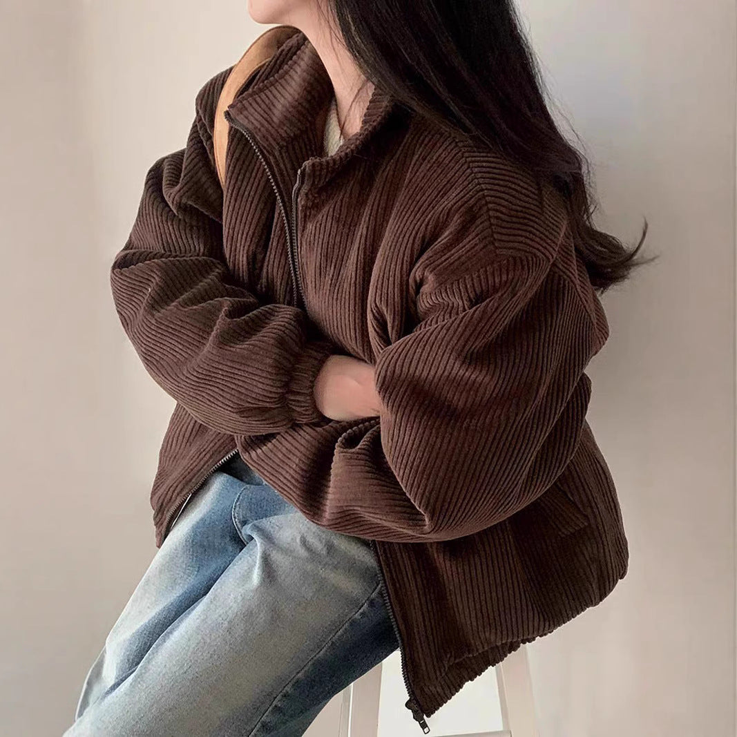 Lapel Sunken Stripe Design Loose Corduroy Cotton-padded Short Coat For Women