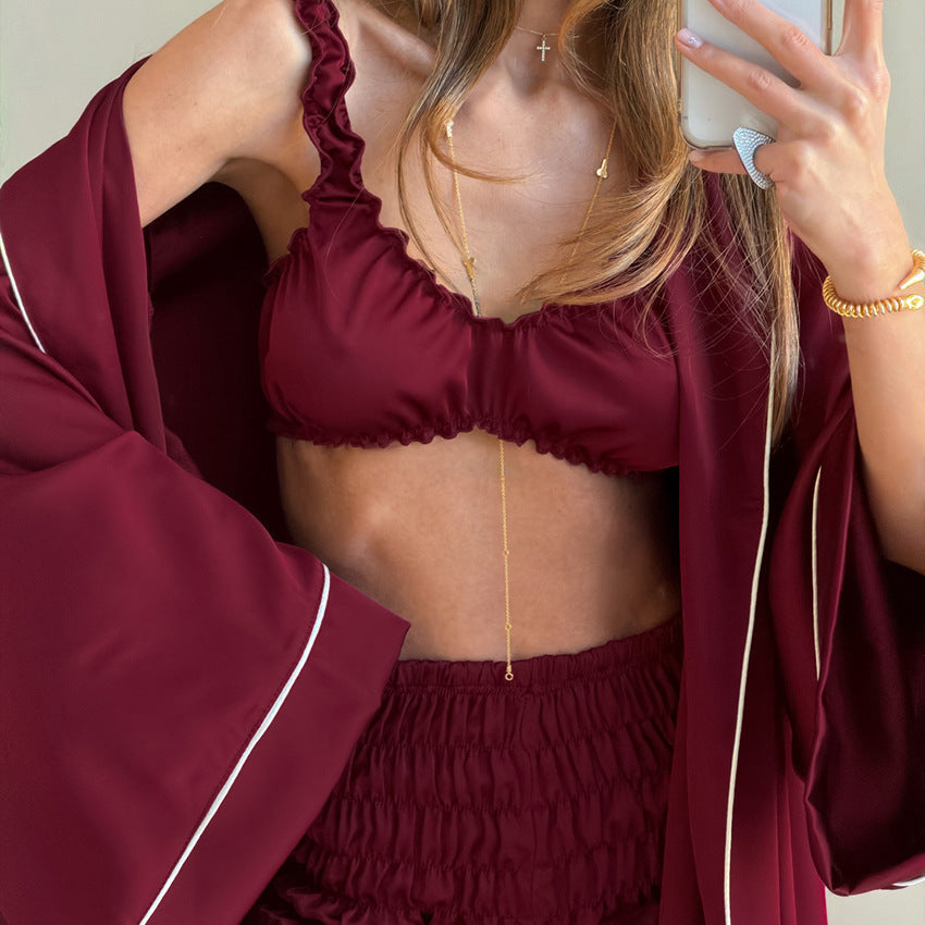 Satin High-end Long-sleeve Nightgown Lingerie And Shorts Pajama Set