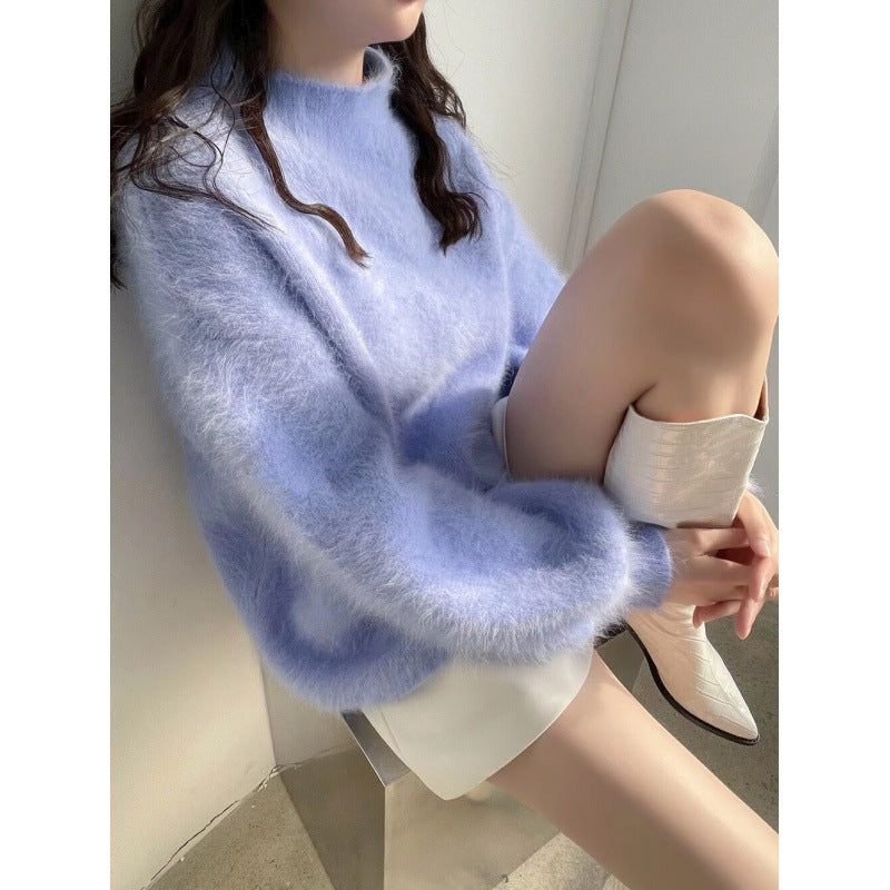 Loose Solid Color Temperament Lantern Sleeve Half Turtleneck Versatile Jumper